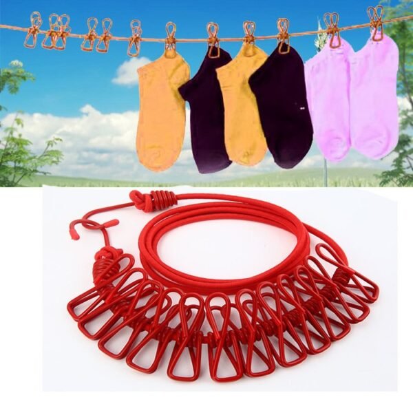 Corde à linge élastique avec de 2 crochets et 12 pinces